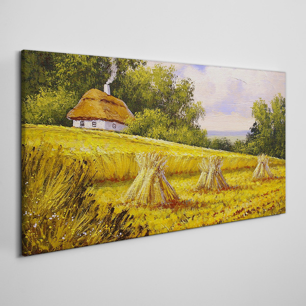 Golden fields and a country cottage Canvas wall art
