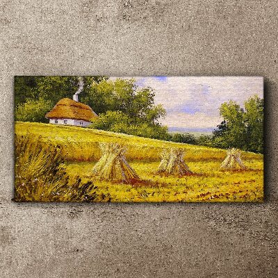 Golden fields and a country cottage Canvas wall art