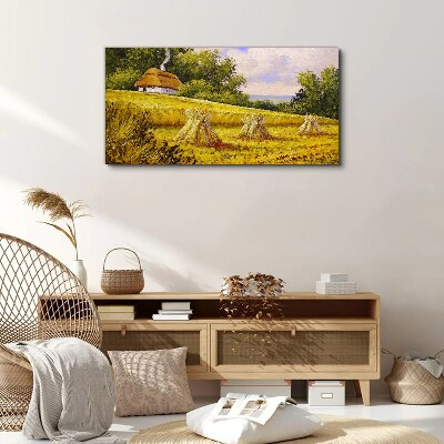 Golden fields and a country cottage Canvas wall art