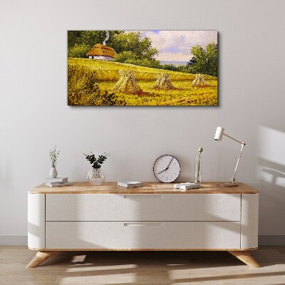 Golden fields and a country cottage Canvas wall art