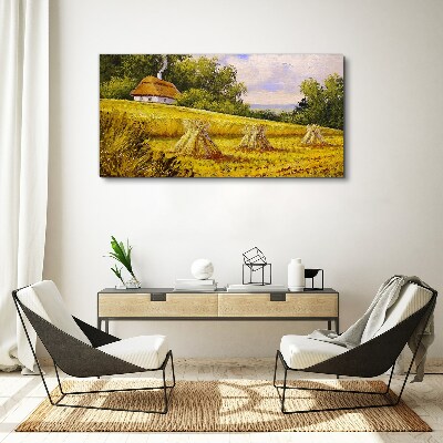 Golden fields and a country cottage Canvas wall art