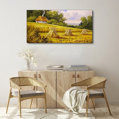 Golden fields and a country cottage Canvas wall art