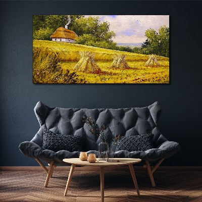 Golden fields and a country cottage Canvas wall art