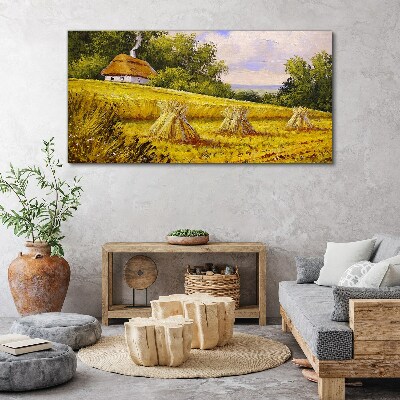 Golden fields and a country cottage Canvas wall art