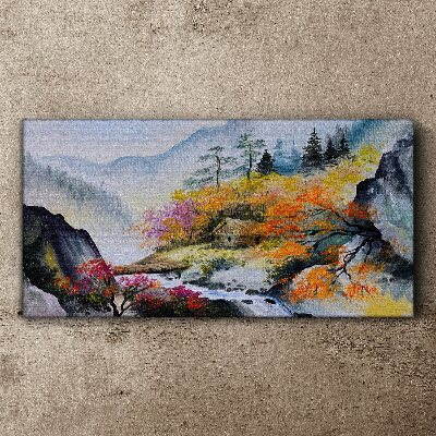 Abstraction mountains trees fog Canvas Wall art