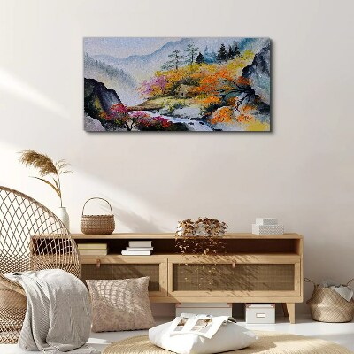 Abstraction mountains trees fog Canvas Wall art
