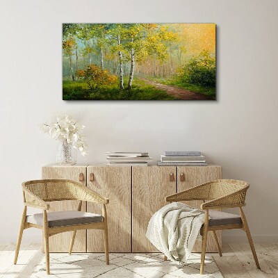 Forest path into golden mist Canvas wall art