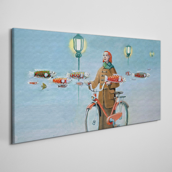 Painting women bike fog Canvas print