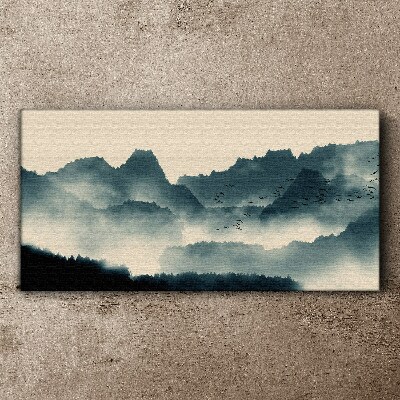 Misty mountain landscape with birds Canvas wall art