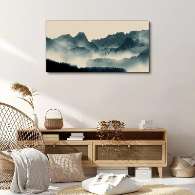Misty mountain landscape with birds Canvas wall art
