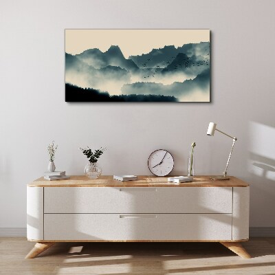 Misty mountain landscape with birds Canvas wall art