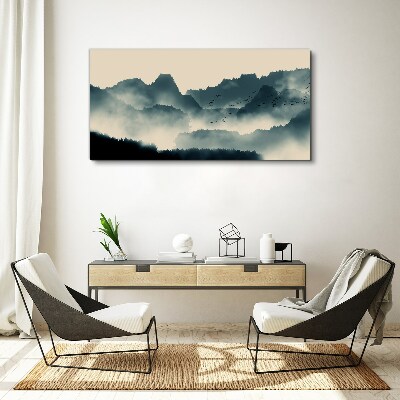 Misty mountain landscape with birds Canvas wall art