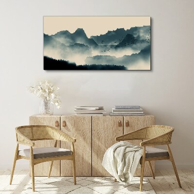 Misty mountain landscape with birds Canvas wall art