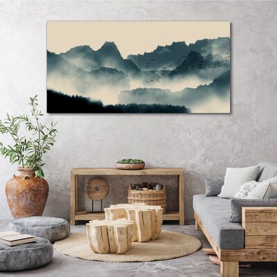 Misty mountain landscape with birds Canvas wall art
