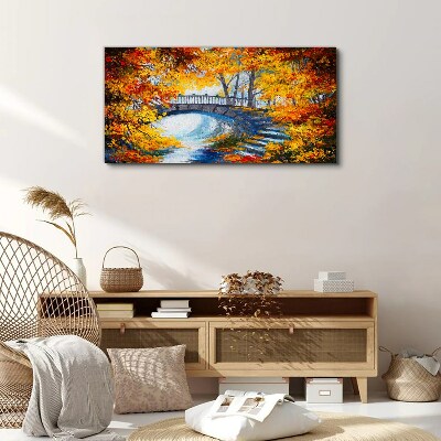 Golden bridge in autumn park Canvas wall art