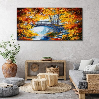 Golden bridge in autumn park Canvas wall art