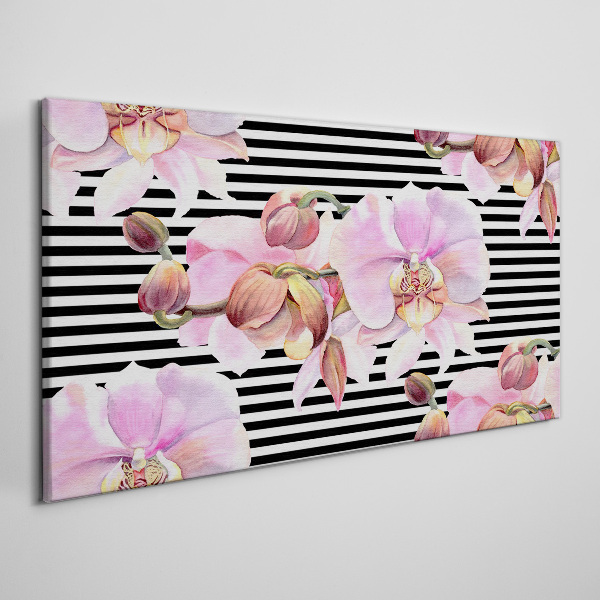 Orchids on a background of black stripes Canvas wall art