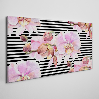 Orchids on a background of black stripes Canvas wall art