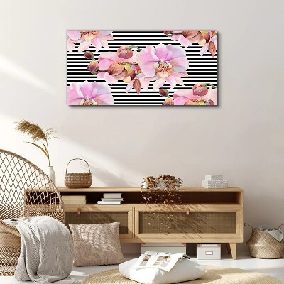 Orchids on a background of black stripes Canvas wall art