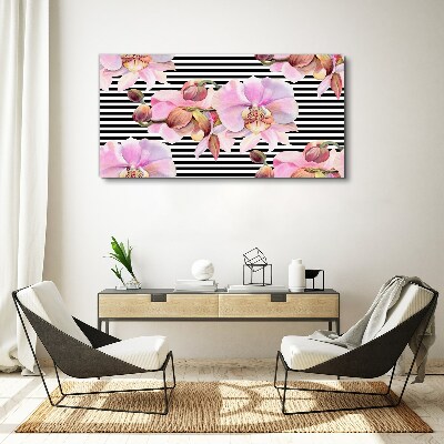Orchids on a background of black stripes Canvas wall art