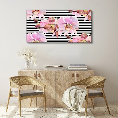 Orchids on a background of black stripes Canvas wall art