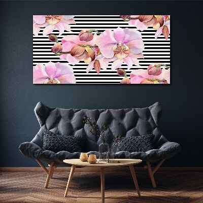 Orchids on a background of black stripes Canvas wall art