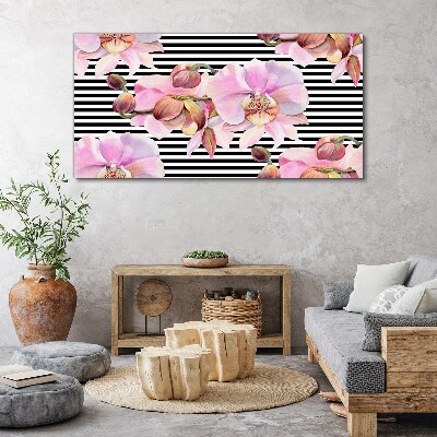Orchids on a background of black stripes Canvas wall art