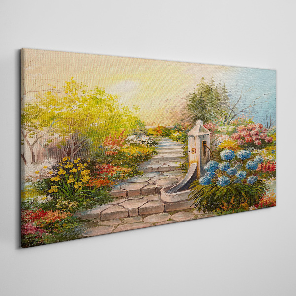 Flower garden with fountain Canvas wall art