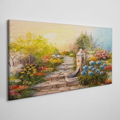 Flower garden with fountain Canvas wall art