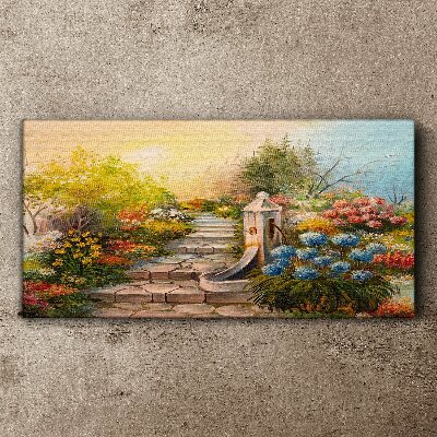 Flower garden with fountain Canvas wall art