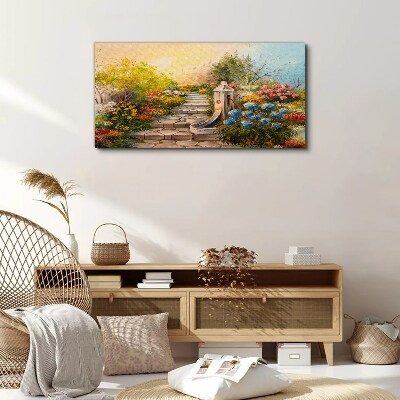 Flower garden with fountain Canvas wall art