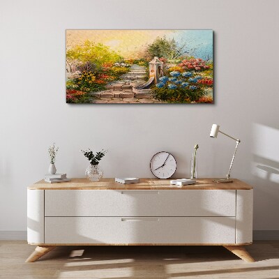 Flower garden with fountain Canvas wall art