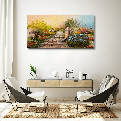Flower garden with fountain Canvas wall art