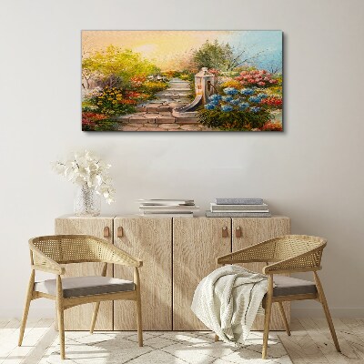 Flower garden with fountain Canvas wall art