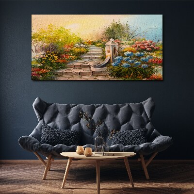 Flower garden with fountain Canvas wall art