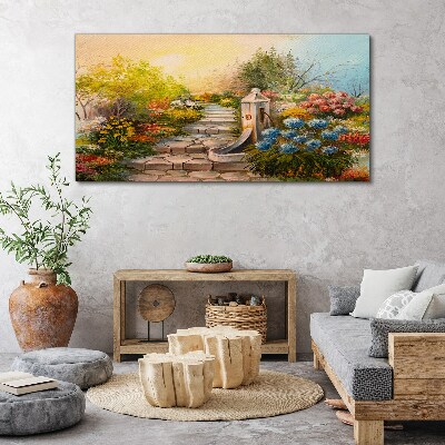Flower garden with fountain Canvas wall art