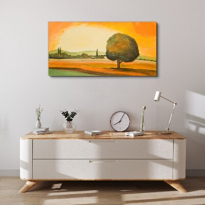 Golden glade with a tree Canvas wall art