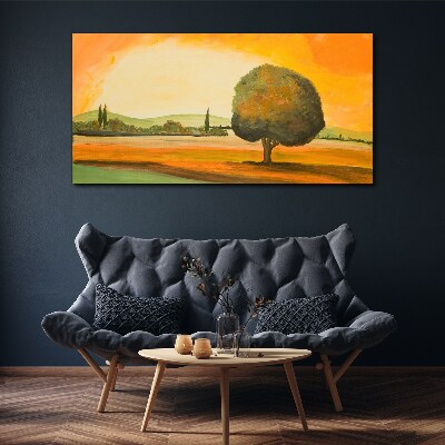 Golden glade with a tree Canvas wall art