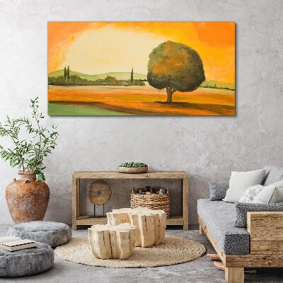 Golden glade with a tree Canvas wall art