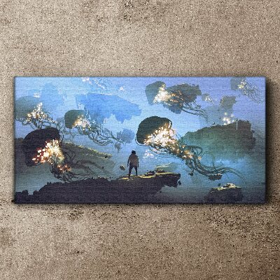 Underwater journey in the light of jellyfish Canvas wall art