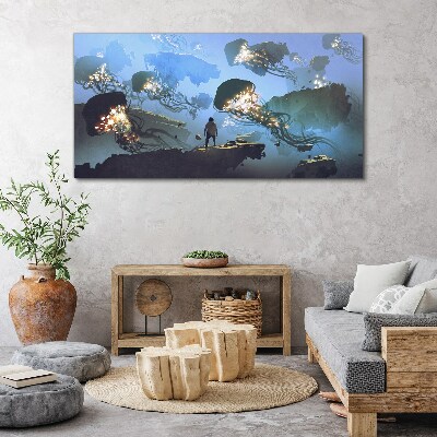 Underwater journey in the light of jellyfish Canvas wall art