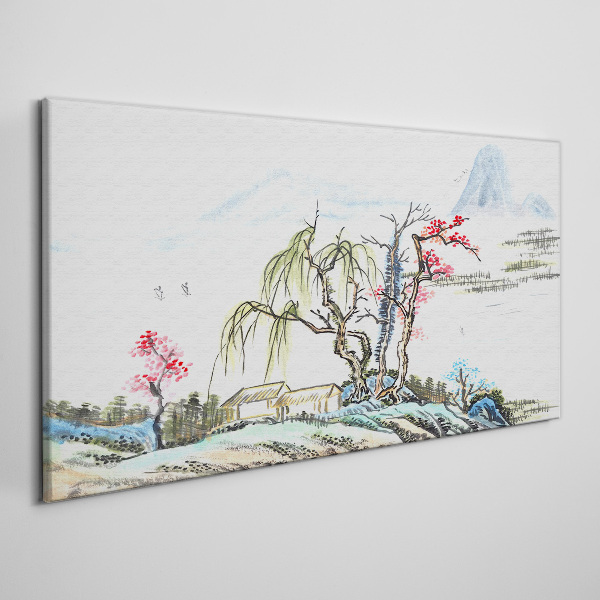 A peaceful landscape with trees and a house Print on canvas