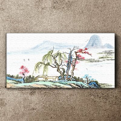 A peaceful landscape with trees and a house Print on canvas