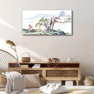 A peaceful landscape with trees and a house Print on canvas