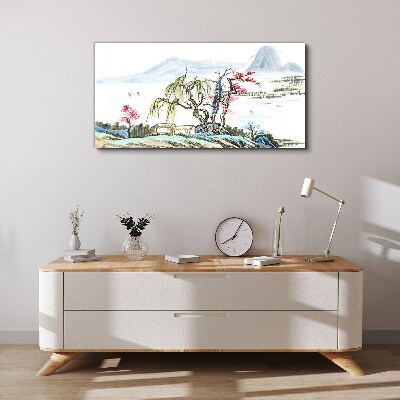 A peaceful landscape with trees and a house Print on canvas