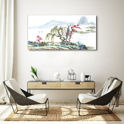 A peaceful landscape with trees and a house Print on canvas