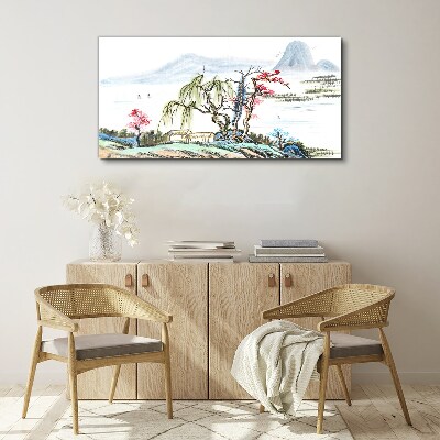 A peaceful landscape with trees and a house Print on canvas