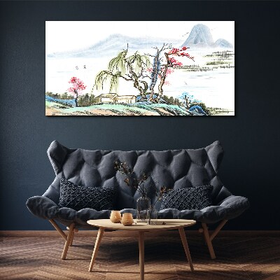 A peaceful landscape with trees and a house Print on canvas