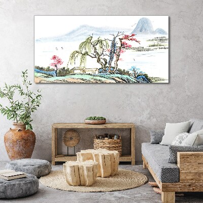 A peaceful landscape with trees and a house Print on canvas