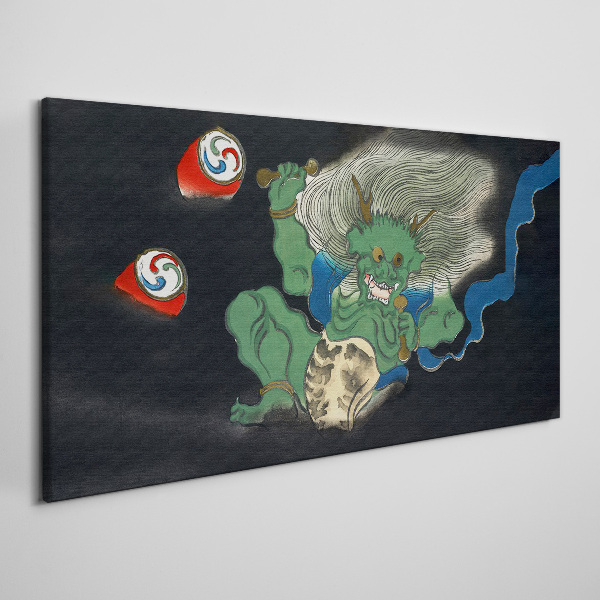 Green demon with a drum Canvas wall art